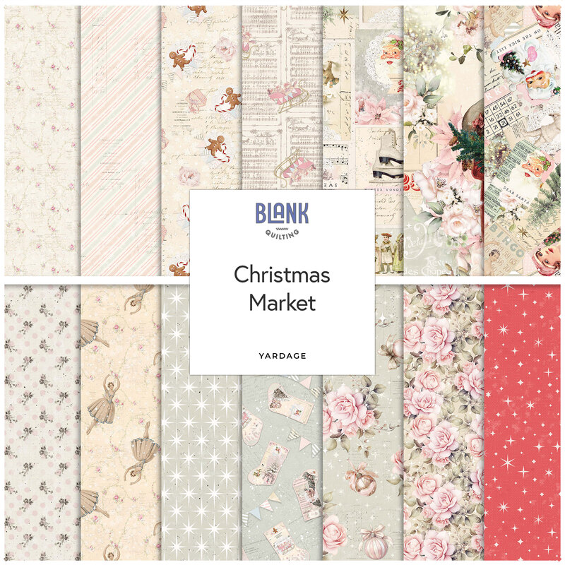 A collage of fabrics featured in the Christmas Market Collection by Frank Garcia for Blank Quilting.