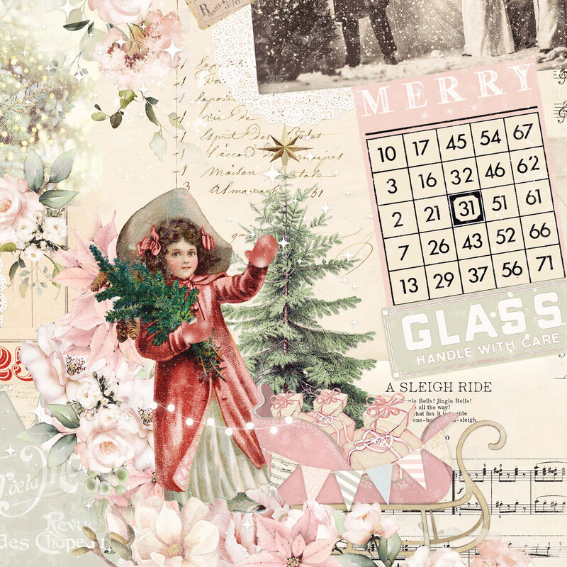 A cream fabric with vintage Christmas motifs.