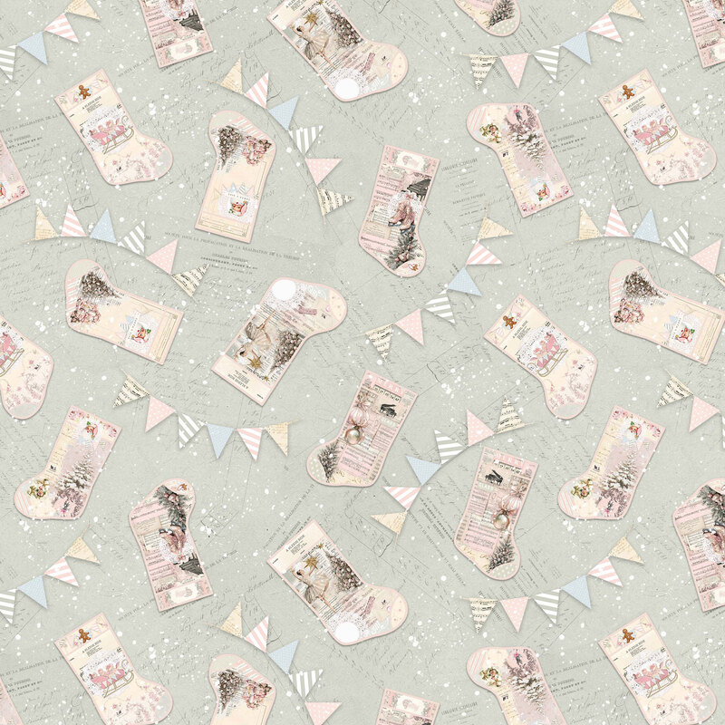 A light mint fabric with scattered stockings, bunting, and snow over vintage script.