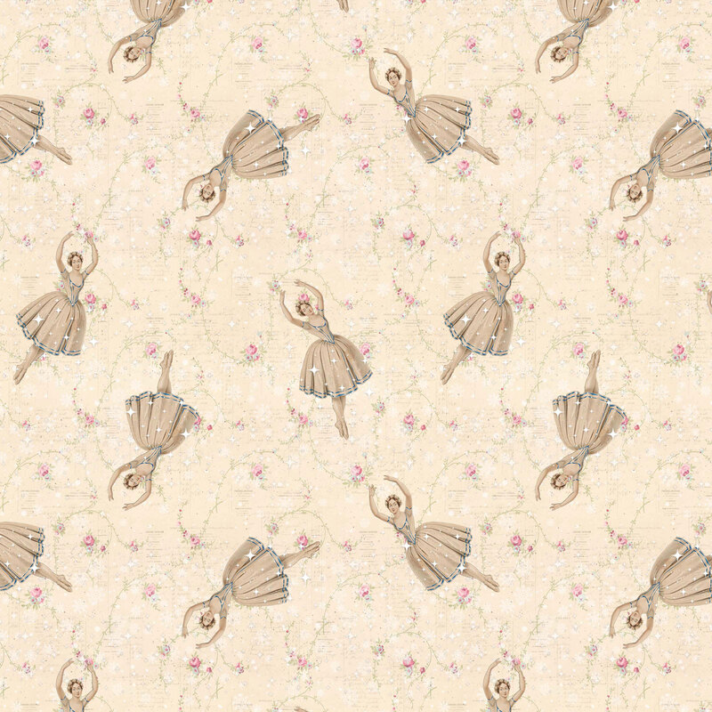A light brown fabric with scattered vintage ballerinas in flowing tutus, pink rose garlands, sparkling stars, and faint handwritten script.