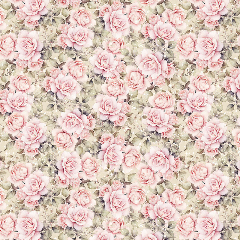 A cream fabric with clusters of soft pink roses, sage green leaves, delicate buds, and scattered white sparkling stars.