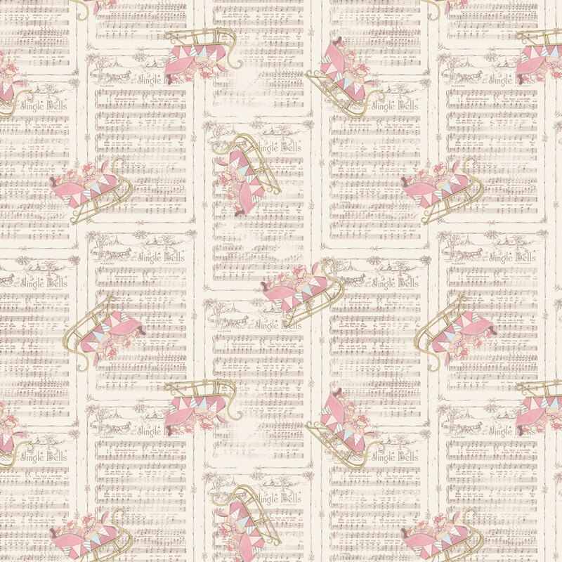 A cream fabric with pink and gold sleighs, decorative ribbons, and antique "Jingle Bells" sheet music.