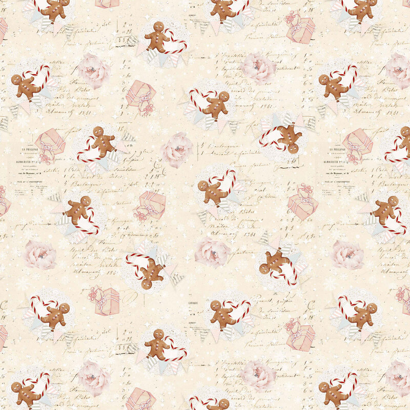 A cream fabric with tossed gingerbread men, candy canes, pink roses, wrapped gifts, snowflakes, and vintage handwritten script.