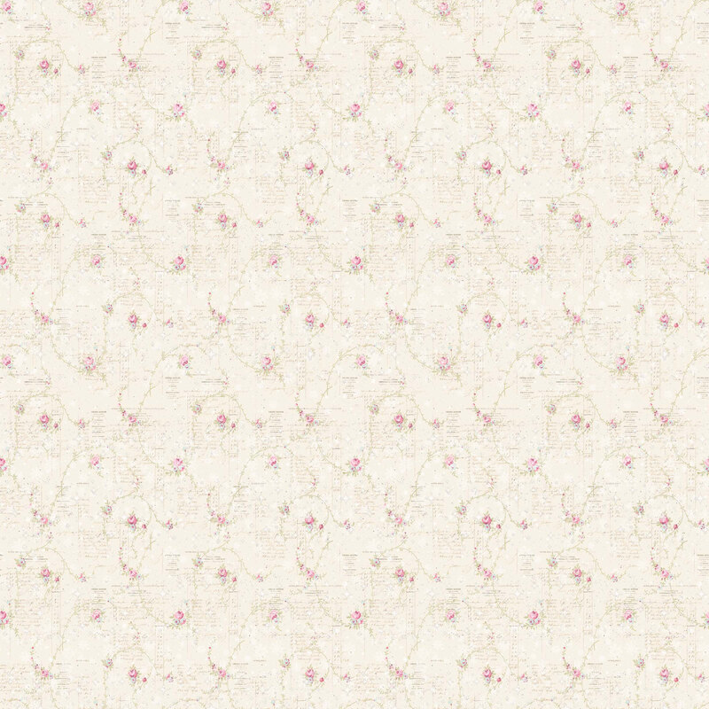 A cream fabric with small pink roses, delicate trailing green vines, faded handwritten script, and scattered white sparkles.