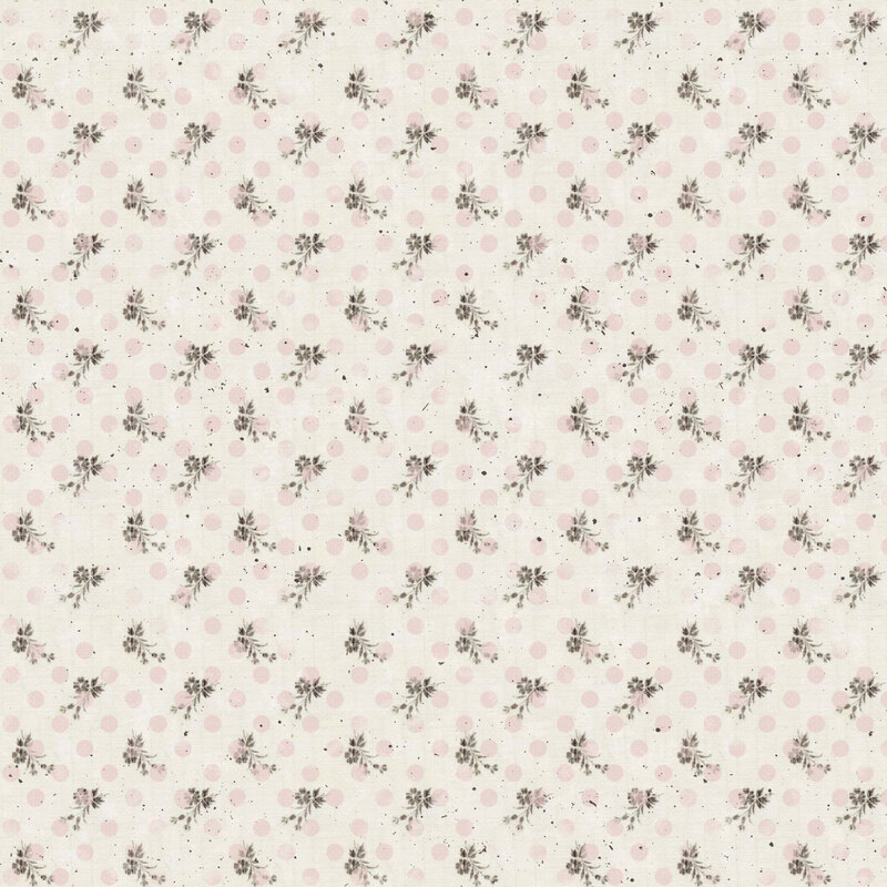 A greige fabric with soft pink polka dots, small muted floral sprigs, and scattered dark speckles.