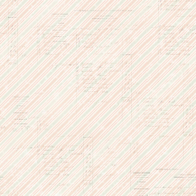 A cream fabric with fine pink and sage green diagonal stripes layered over faded handwritten script and antique document details.