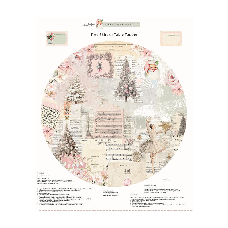 A Christmas fabric project panel with a circular vintage collage of Santa Claus, a ballerina, Christmas trees, pink flowers, sleighs, and sheet music, with tree skirt and table topper instructions below.