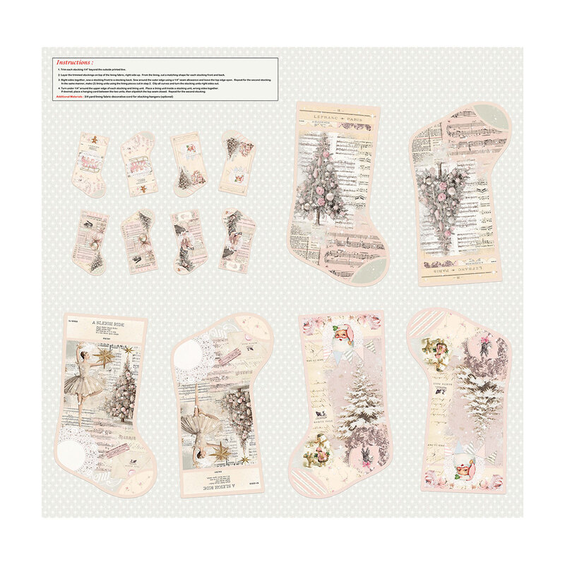 A Christmas stocking fabric panel with eight small and four large stocking shapes featuring vintage Santa Claus illustrations, ballerinas, Christmas trees, sleighs, and sheet music, with sewing instructions.