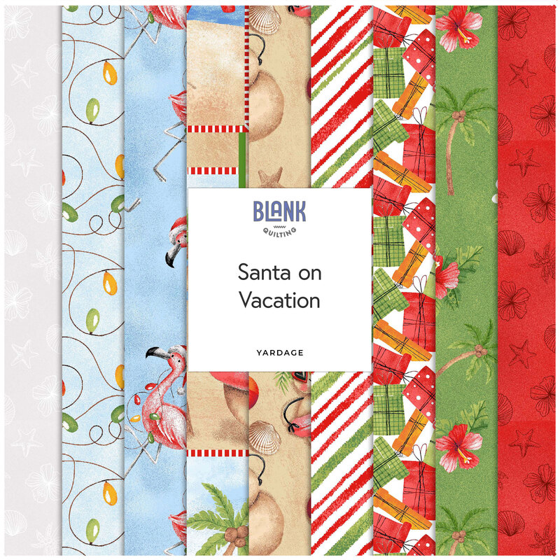 A collage of fabrics featured in the Santa on Vacation Collage by Urban Essence Design for Blank Quilting