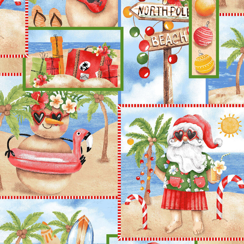 A multicolored fabric with a collage of Santa Claus, a snowman in a flamingo float, tropical beach scenes, Christmas ornaments, and holiday gifts.