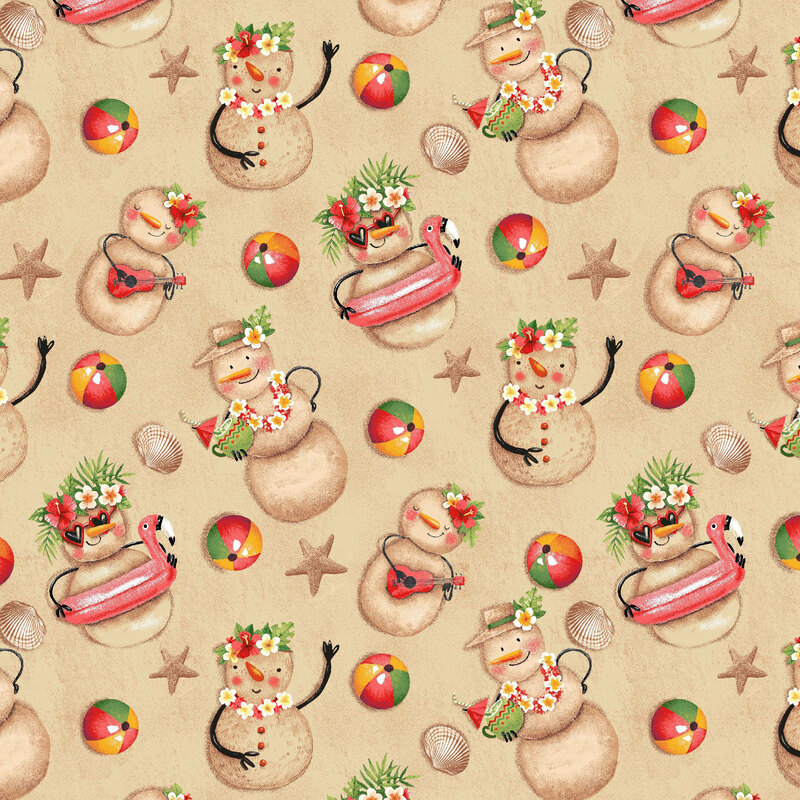 A sandy beige fabric with scattered tropical snowmen wearing floral accessories, playing ukuleles, and relaxing in flamingo floats among beach balls, seashells, and starfish.