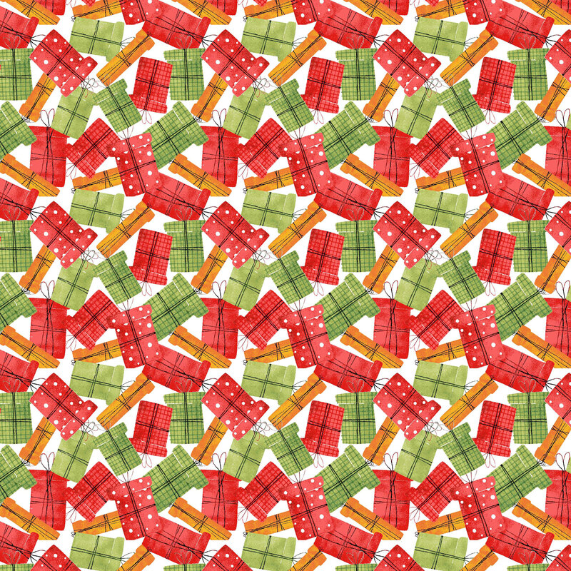 A white fabric with packed green and red presents.