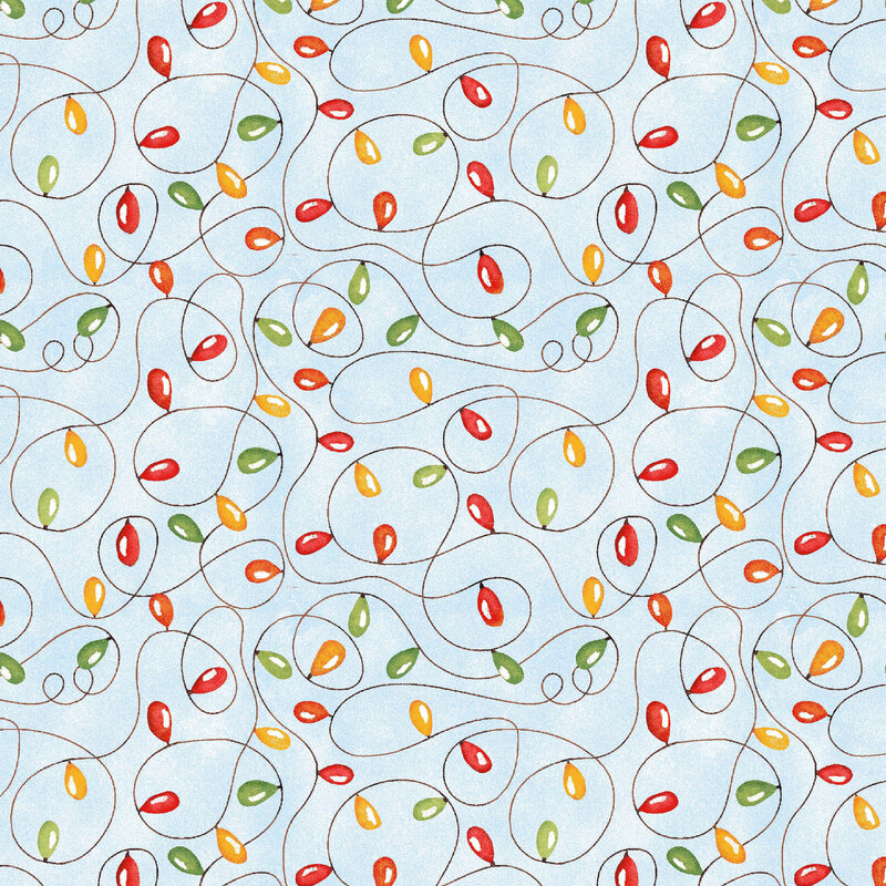 A light blue fabric with red, green, orange, and yellow Christmas lights connected by thin, swirling brown cords.