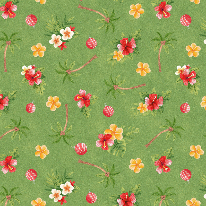 A green fabric with scattered palm trees, red hibiscus flowers, yellow and white plumeria blossoms, and red striped Christmas ornaments.