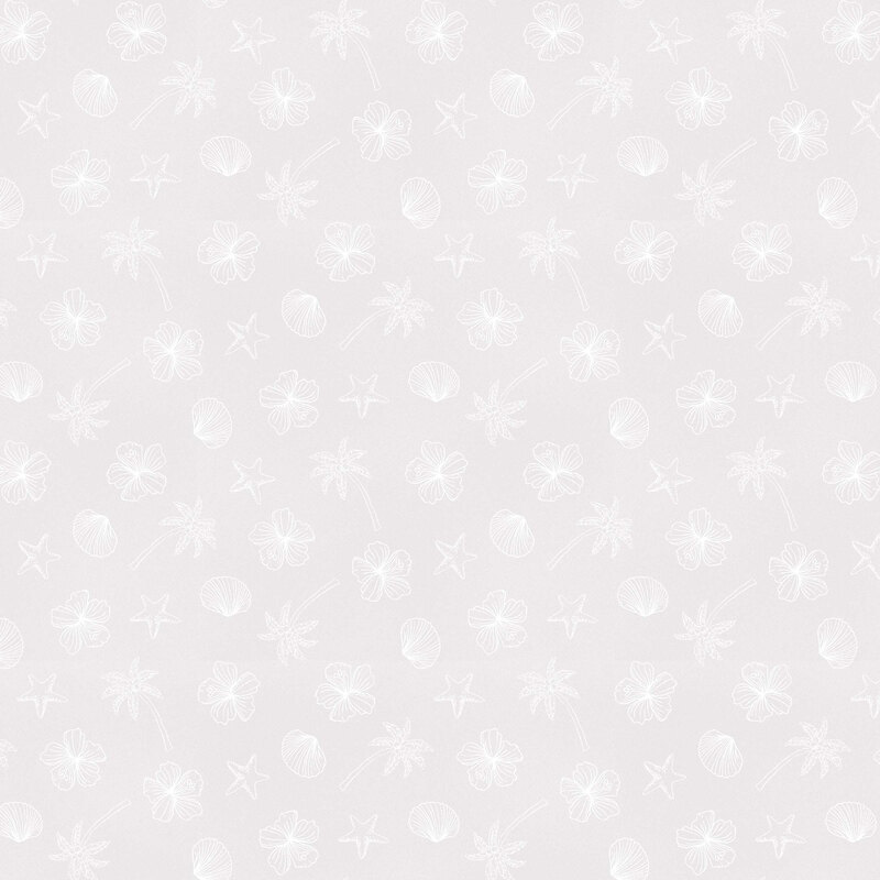 A white on white fabric with scattered white outlines of hibiscus flowers, palm trees, seashells, and starfish.