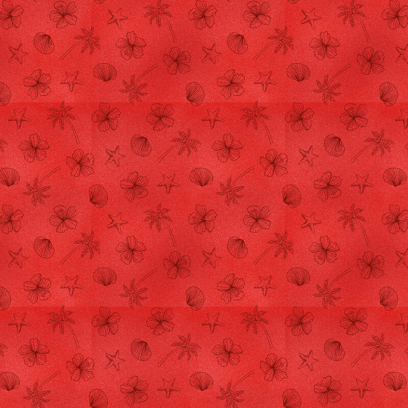 A red fabric with scattered dark red outlines of hibiscus flowers, palm trees, seashells, and starfish.