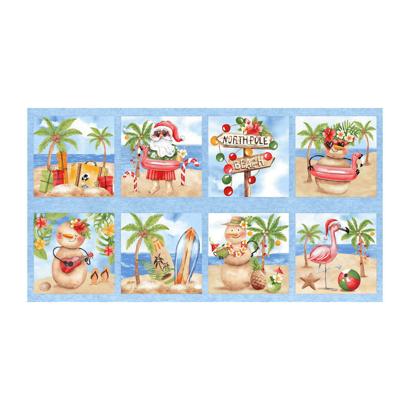 A light blue fabric panel with eight rectangular picture blocks depicting tropical Christmas scenes, including beach snowmen, Santa Claus, a flamingo, palm trees, and holiday decorations.