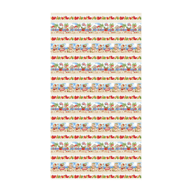A border fabric with repeating horizontal stripes of tropical Christmas scenes featuring Santa Claus, beach snowmen, palm trees, flamingos, and wrapped presents.