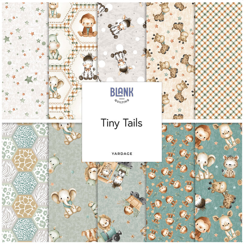 Digital collage of the available baby animal yardage fabrics from the Tiny Tails fabric collection.