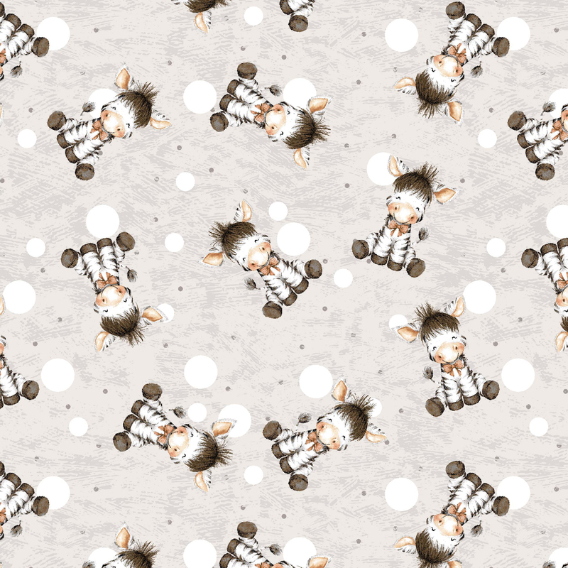 Textured gray fabric with a playful toss of zebras, big white circles, and dark gray dots.