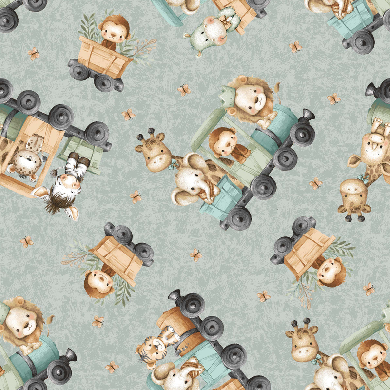 Textured teal mist fabric with a tossed pattern of small butterflies and trains holding baby animals.