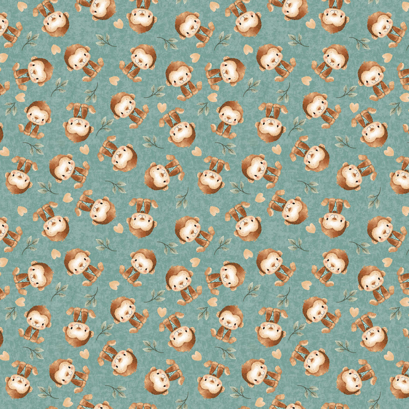 Misty teal textured fabric with a tossed pattern of leafy sprigs, hearts, and baby monkeys.