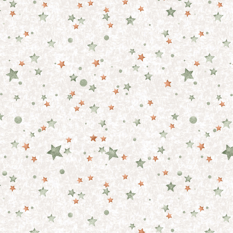 Light smoke gray fabric with a scatter of sage and orange stars and small sage dots.