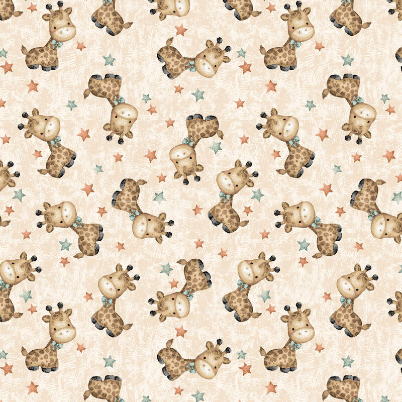 Textured cream fabric with a tossed pattern of misty and orange stars along with baby giraffes.