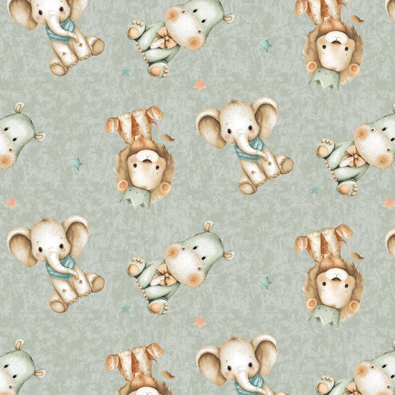 Soft sage green fabric with a tossed pattern of hippos, lions, and elephants.