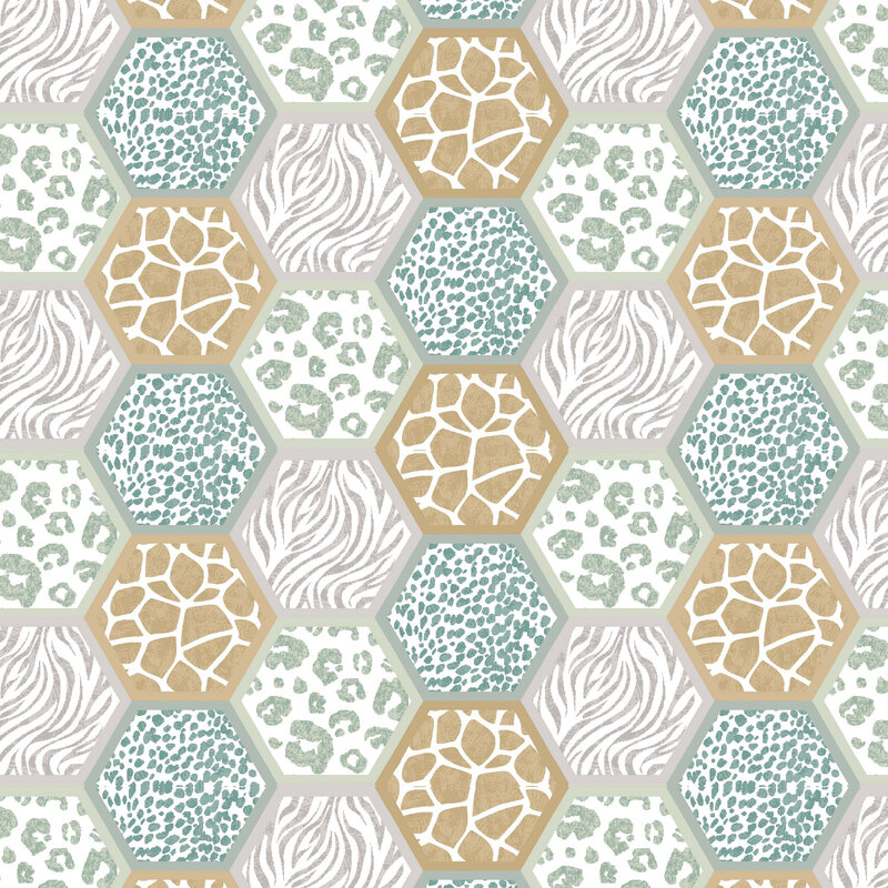 White fabric with a hexagonal grid of different safari animal fur patterns like leopards, cheetahs, zebras, and giraffes.