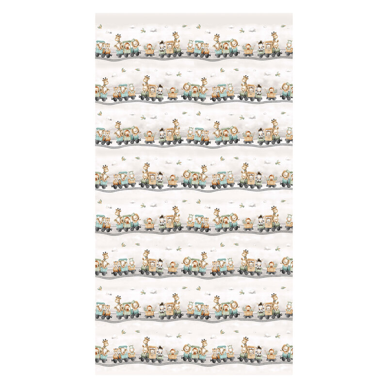 Mottled white border stripe with multiple rows of safari animals in train cars.