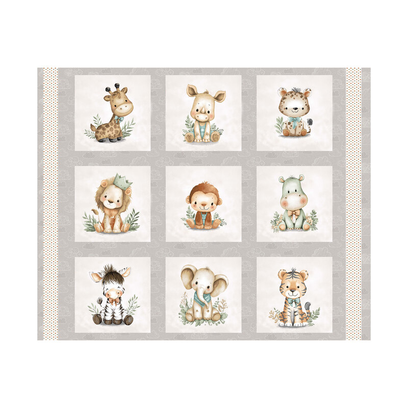 Gray fabric with a subtle cloud design under nine blocks of safari animals.