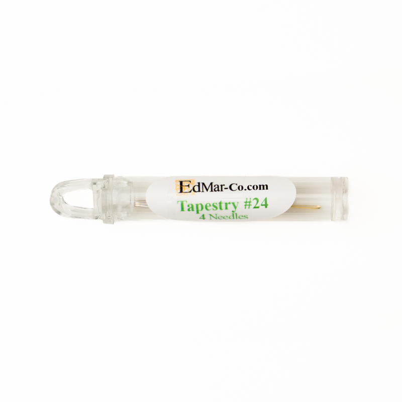 Plastic container holding 4 size 24 tapestry needles from Edmar Co. isolated on a white background.