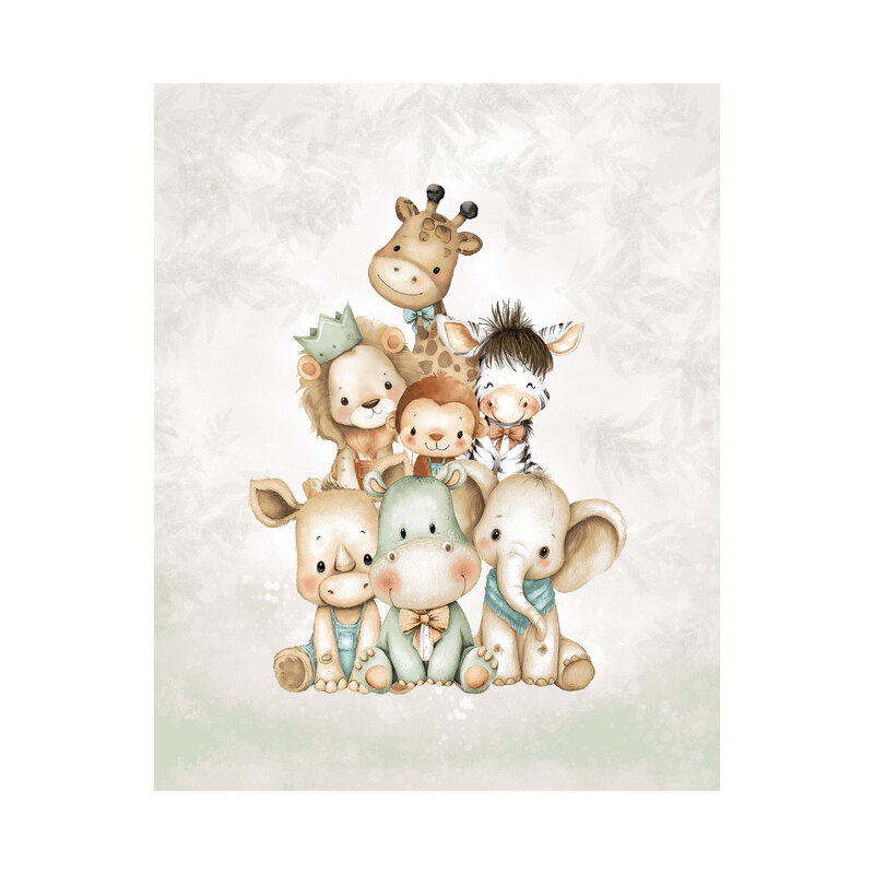 Mottled cream and sage minky fabric with a stack of baby animals surrounded by leafy sprigs, perfect for a centerpiece to a child's quilt