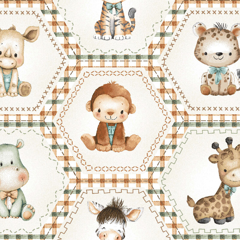 Cream minky fabric with a hexagonal grid full of ginghams surrounding baby safari animals.