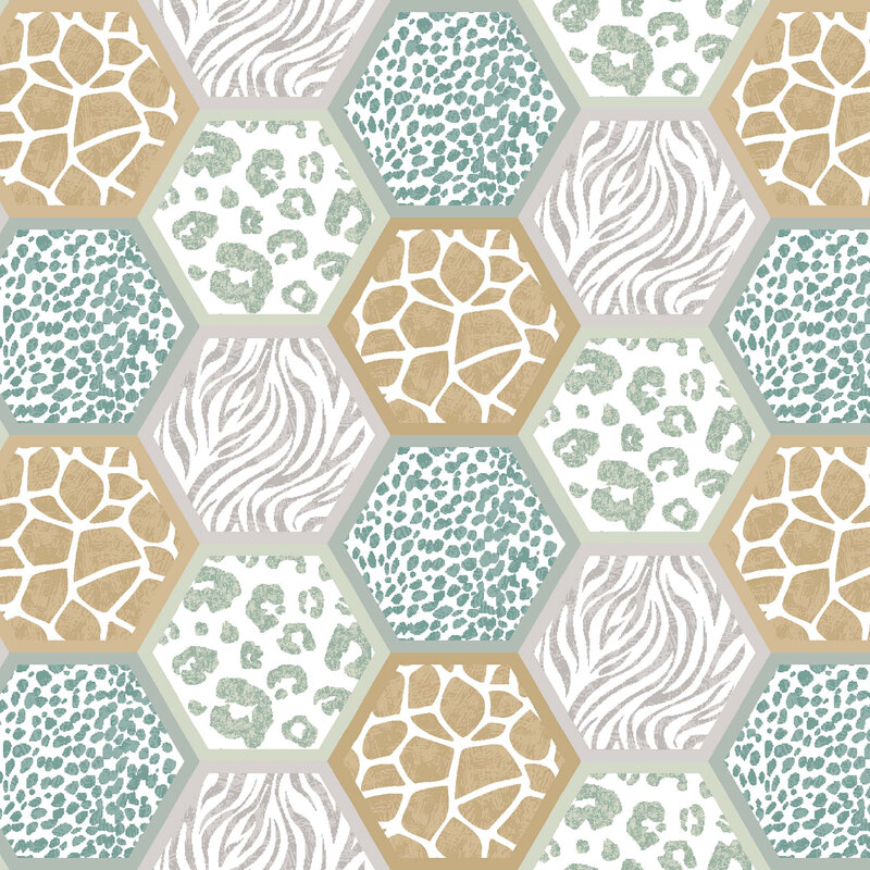 White minky fabric with a hexagonal grid of different safari animal fur patterns like leopards, cheetahs, zebras, and giraffes.