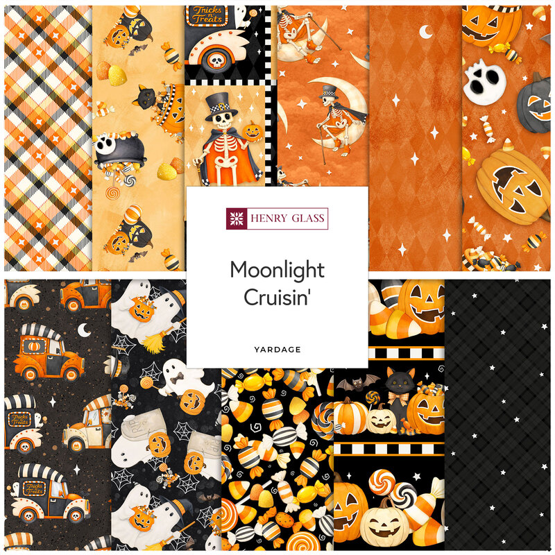 Square collage of orange and black Halloween-themed fabrics from the Moonlight Cruisin' collection