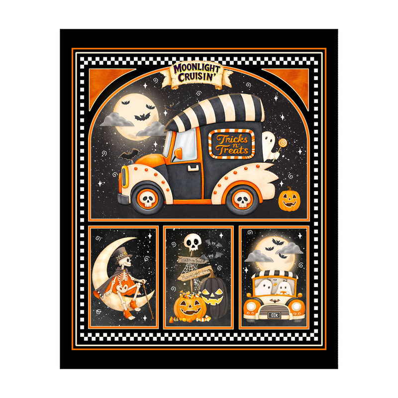 Black panel featuring a spooky candy truck, playful ghosts, skeletons, and jack-o'-lanterns with a checker border in festive orange, black, and white.