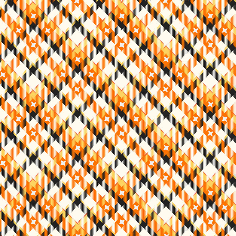 bold diagonal plaid pattern in orange, black, cream, and yellow, accented with tiny white stars