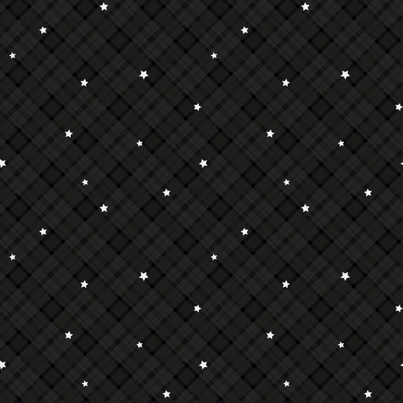 Fabric featuring scattered white stars against a subtle black-on-black diagonal plaid pattern