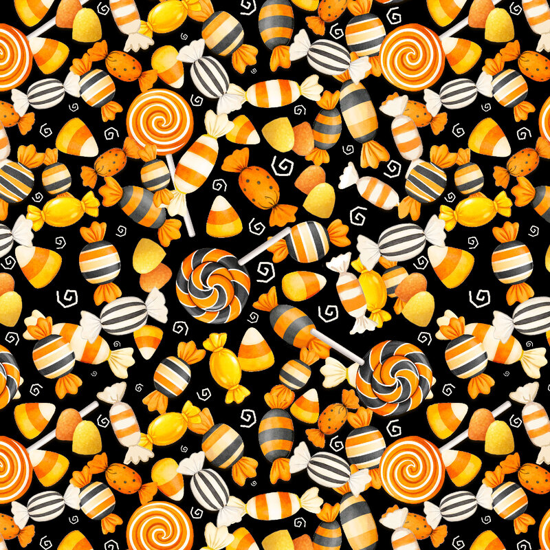Assortment of candy corn, striped wrapped candies, and swirled lollipops in vibrant shades of orange, yellow, black, and white, scattered across a solid black background with whimsical white swirls.