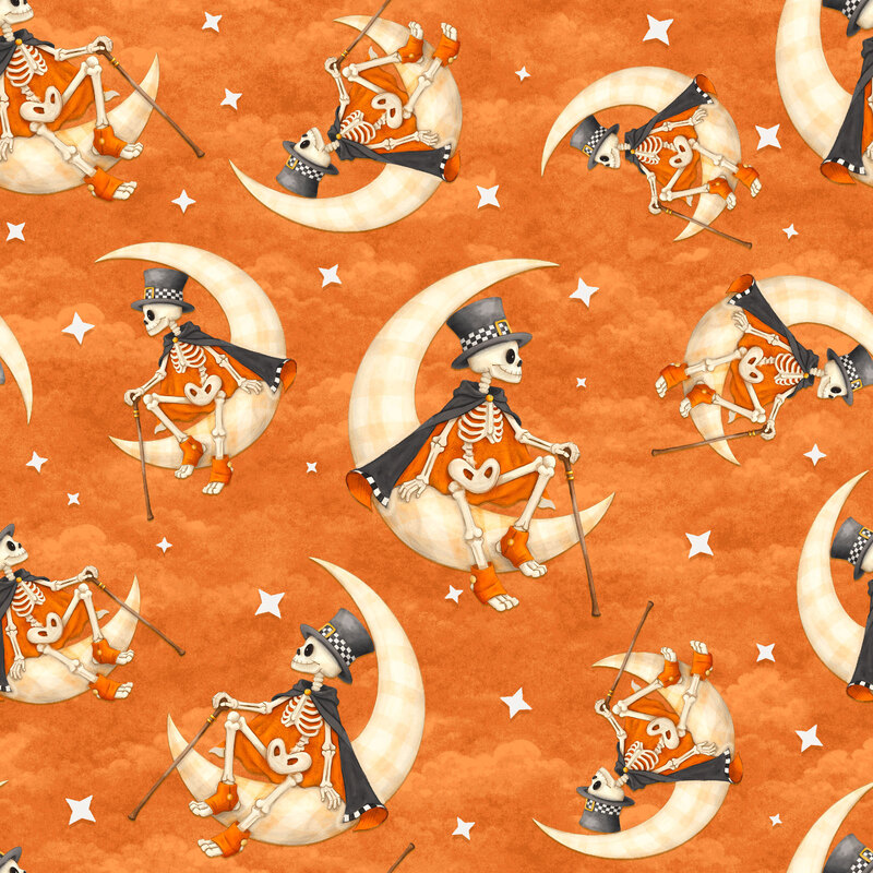 playful skeletons wearing top hats and flowing capes while perched on crescent moons, surrounded by scattered white stars against a textured orange cloud background.