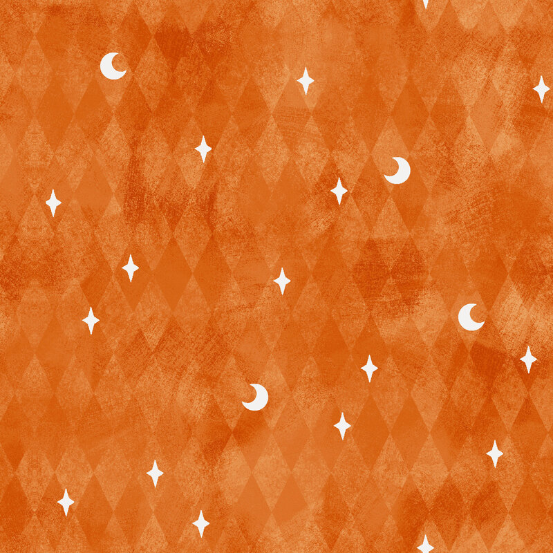 mottled orange argyle fabric with scattered white crescent moons and stars.