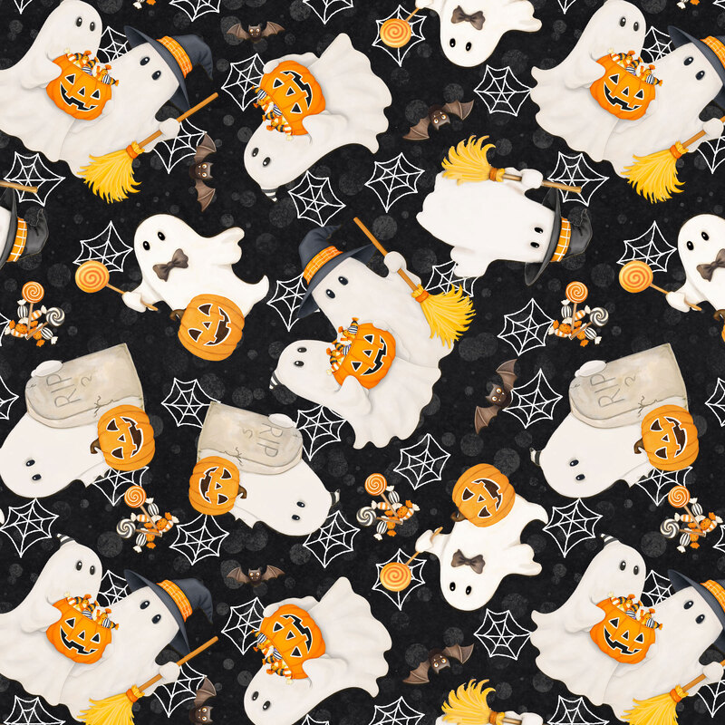friendly ghosts wearing hats and bowties, accented by jack-o'-lanterns and headstones, surrounded by playful bats, spiderwebs, and Halloween candy on a textured black background.