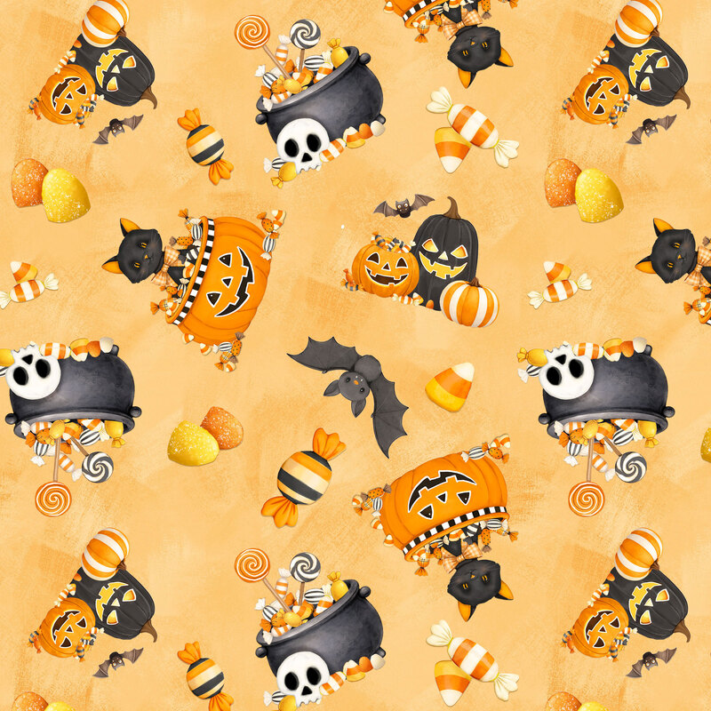 playful black cats peeking out of jack-o'-lanterns, candy-filled cauldrons, spooky bats, and festive pumpkins, surrounded by colorful Halloween treats on a softly textured peachy orange background.