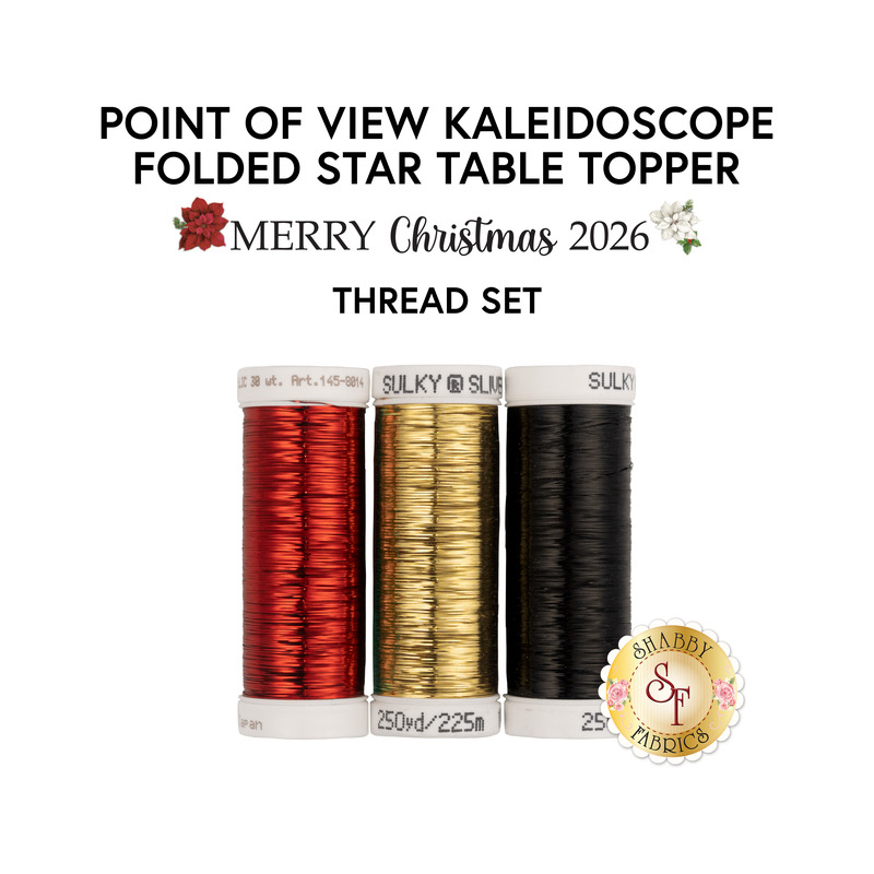 Three spools of metallic red, gold, and black thread, isolated on a white background. 