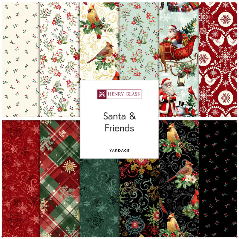 Digital collage of the Christmastime yardage fabrics from the Santa & Friends fabric collection.
