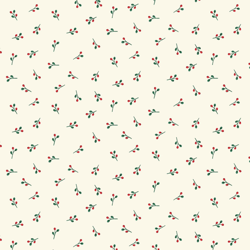 Cream fabric with a ditsy print of Christmas berry sprigs.