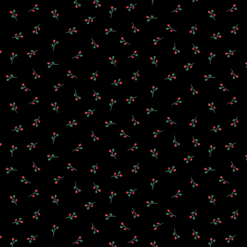 Coal black fabric with a ditsy print of Christmas berry sprigs.