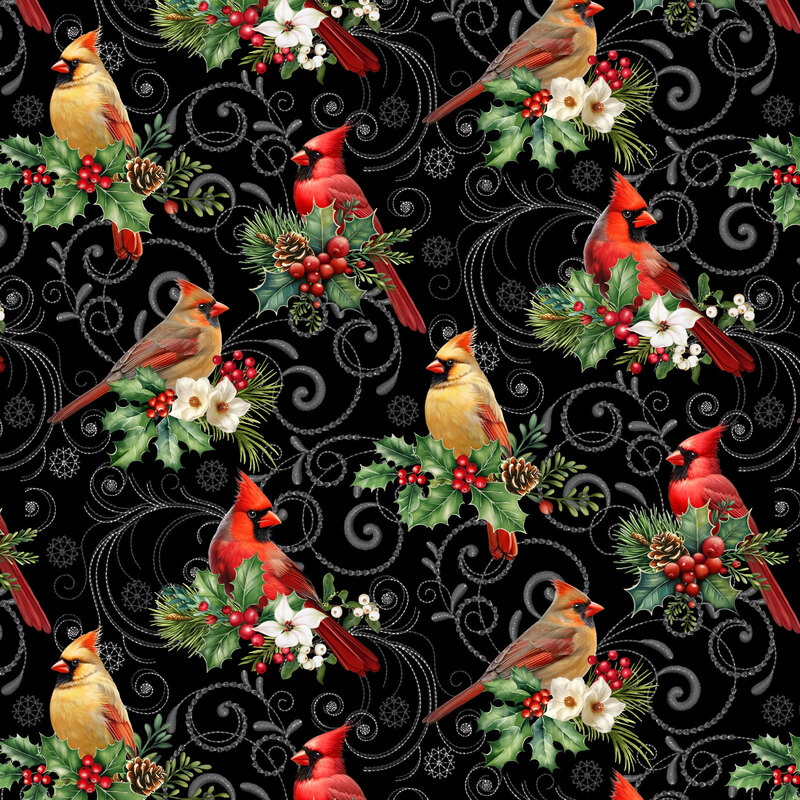Black fabric with an intricate silver swirling pattern topped with cardinals nested in Christmas botanicals.